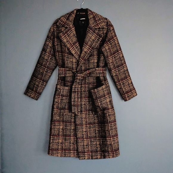 EXPRESS - Size XS - Oversized Plaid Coat - Chocolate Brown - Picture 5 of 8